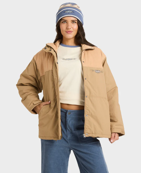Billabong The Original Vibes 2 Jacket in cement colourway on model with jacket open from front view