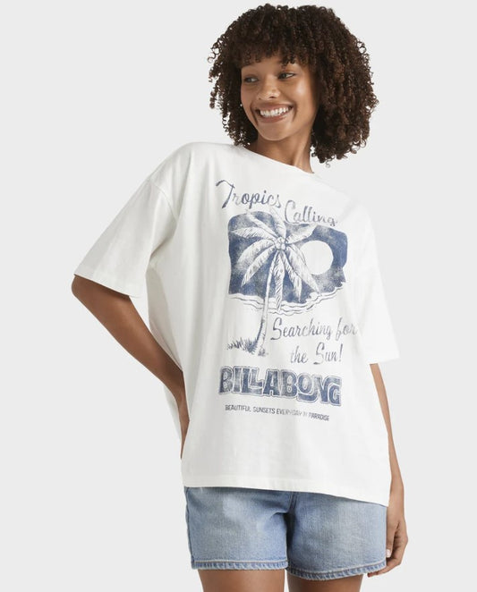 Billabong This Sunny Time Womens Tee in salt crystal white with indigo print on model from front
