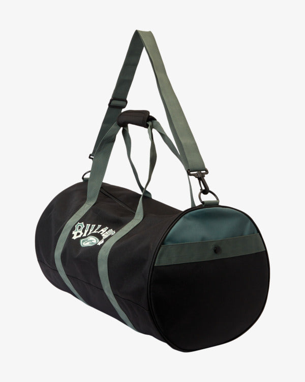 Billabong Traditional Duffel Bag in black with hunter green straps from end