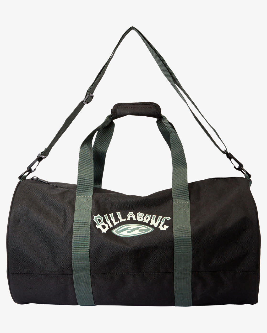 Billabong Traditional Duffel Bag in black with hunter green straps from side