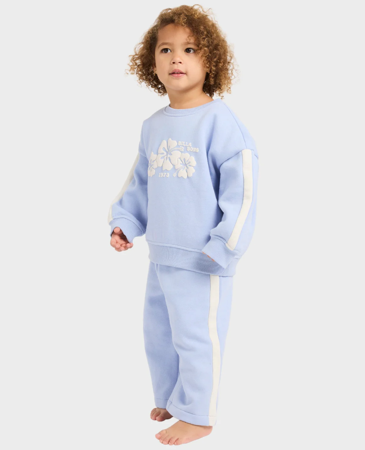 Billabong Welcome To Billabong Girl Toddler's Crew in twilight blue on toddler model wearing twilight blue Billabong trackpants from front/side view