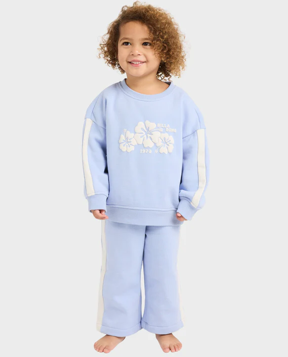 Billabong Welcome To Billabong Girl Toddler's Crew in twilight blue on toddler model wearing twilight blue Billabong trackpants from front