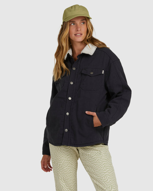Billabong Womens Cheeky Jacket - Win23 black button up jacket with whihte fluff on collar 