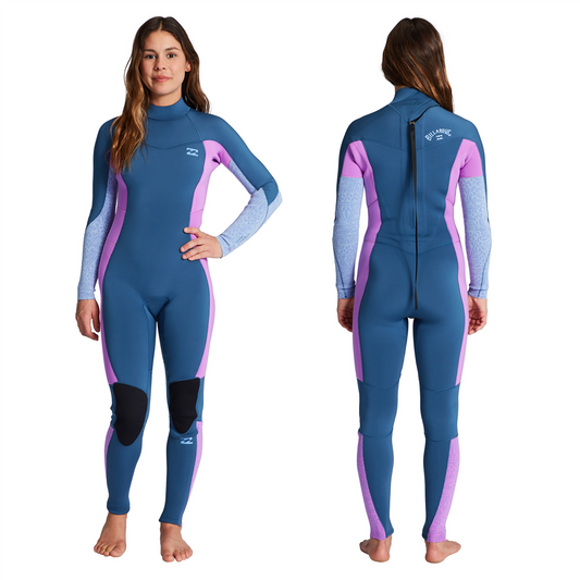 Billabong Womens Synergy 3/2mm GBS Wetsuit in deep sea colourway showing front and back of suit on model