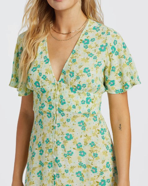 Billabong Your Girl Women's Dress in limelight colourway close up chest details from front