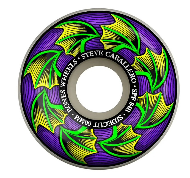Bones SPF Caballero Bat Wings 84b 56mm Skateboard Wheels in white with purple multi colour decals
