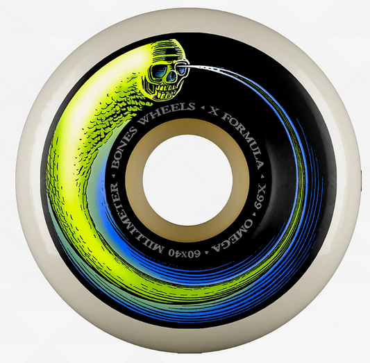 Bones X-Formula Omega 99A4 60mm Skateboard Wheels in white with multi coloured decals