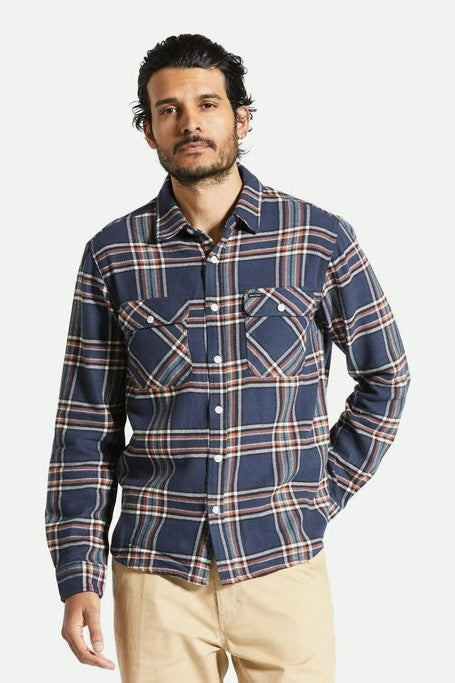 Brixton Bowery Long Sleeve Flannel Shirt in washed navy, off white and terracotta colourway