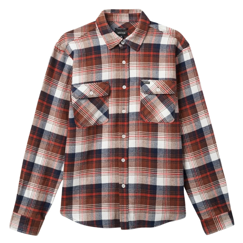 Brixton Bowery Long Sleeve Flannel Shirt in washed navy, sepia and off white colourway