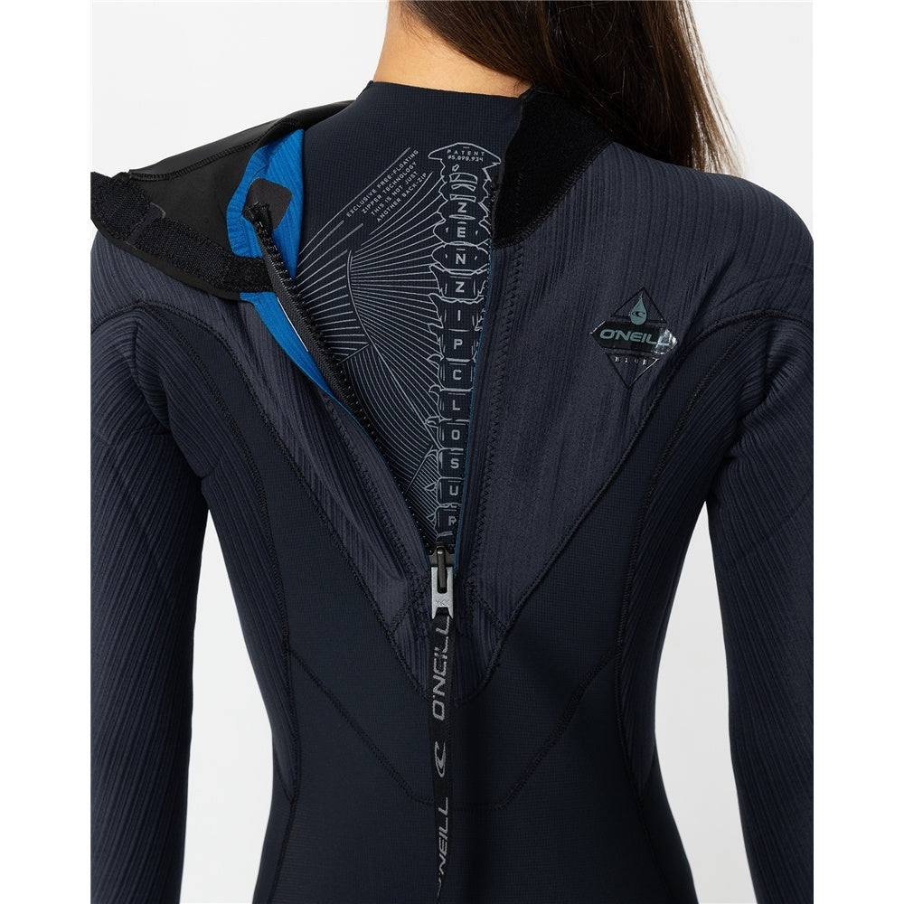 O'Neill Hyperfreak 4/3+mm Womens Back Zip Wetsuit in black on woman from rera showing zip system up close