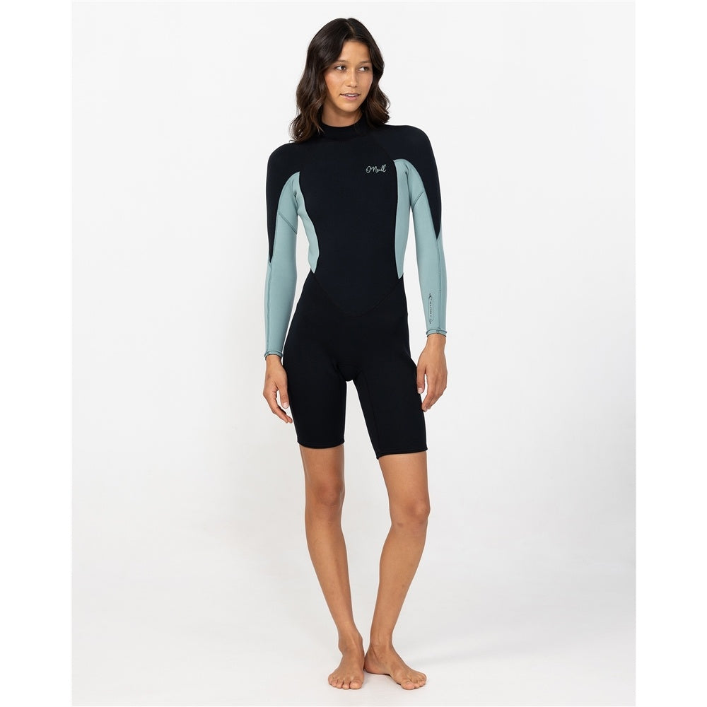O'Neill Women's 2mm Reactor II Boyleg Spring Wetsuit in black with eucalyptus colourway on model from the front