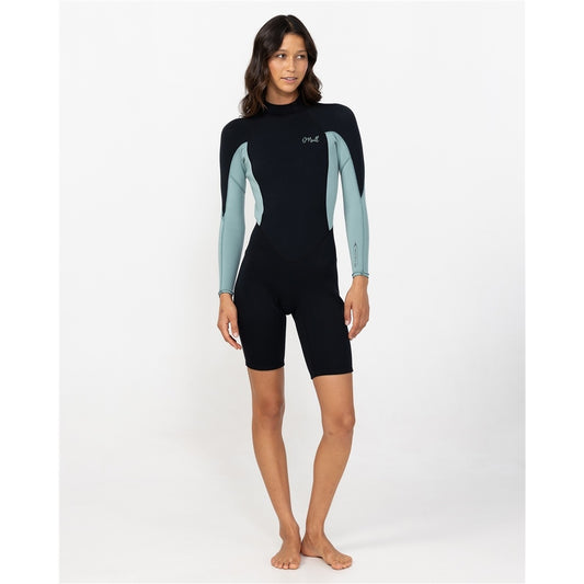 O'Neill Women's 2mm Reactor II Boyleg Spring Wetsuit in black with eucalyptus colourway on model from the front