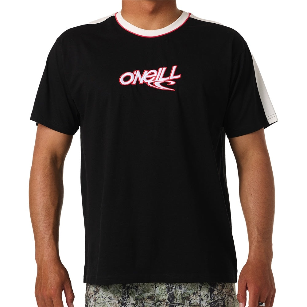 O'Neill Wave Cult Men's T-Shirt in black with white panels and red piping from front close up