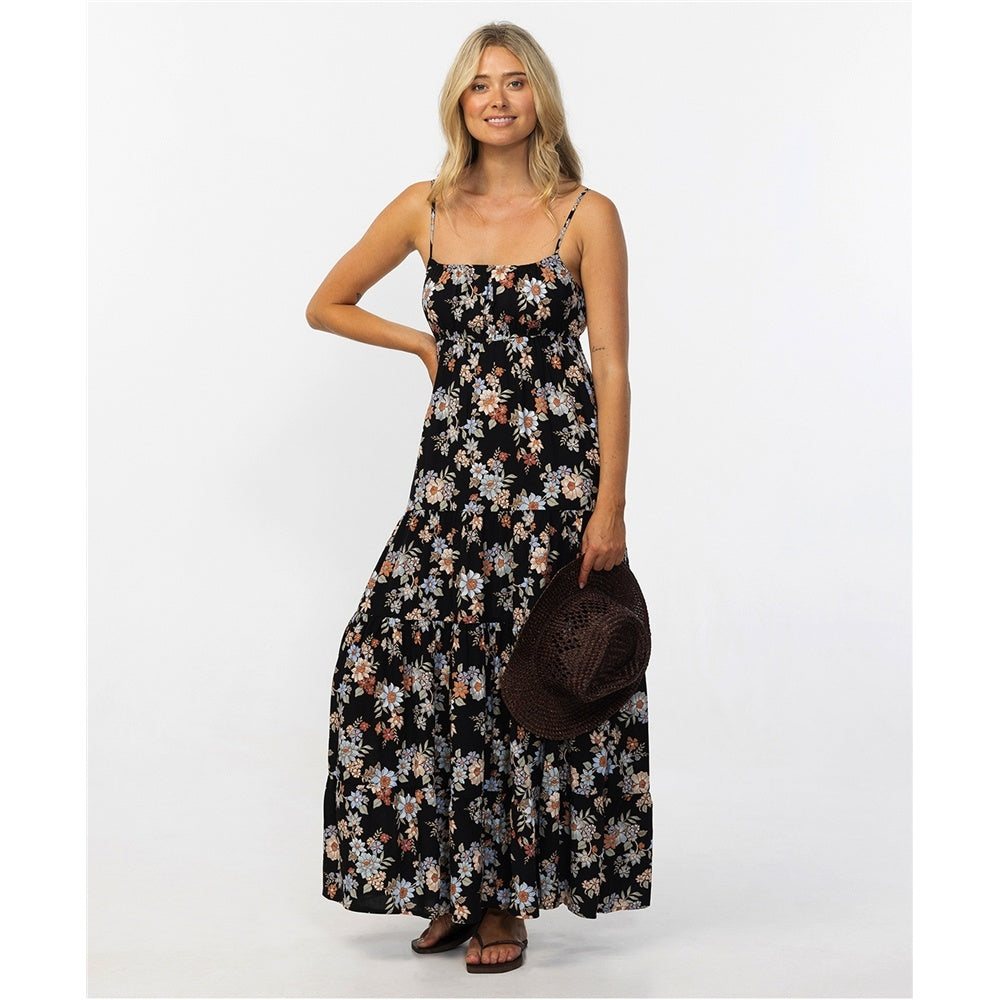 O'Neill Lillie Bali Floral Maxi Dress in black floral print on blonde model holding brown straw hat