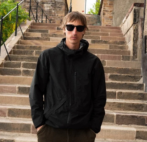 CHPO Brand O'Doyle Sunglasses in black on model in black jacket by some stairs