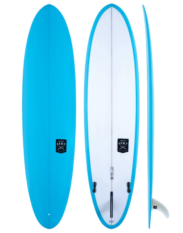 Creative Army 6'10 Huevo Midlength Surfboard in atoll blue colourway showing deck, side and bottom views