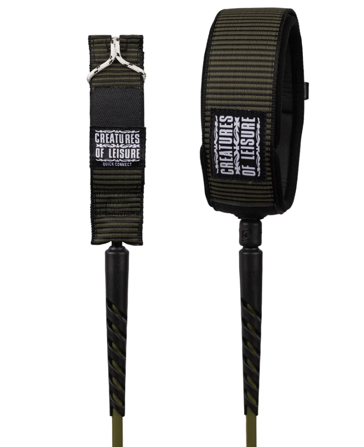 Creatures of Leisure 9" Heavy Duty Knee Longboard Leash in black with dark olive thorn detail showing the cuff and railsaver