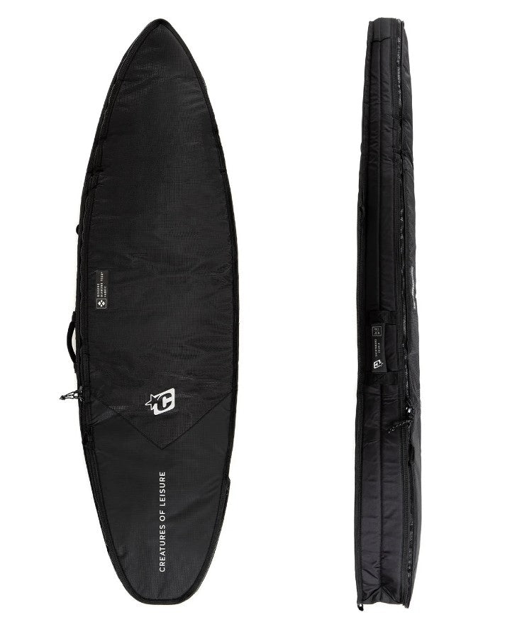 Creatures of Leisure 6'7 Double DT 2.0 Boardbag in black with silver showing top and side views