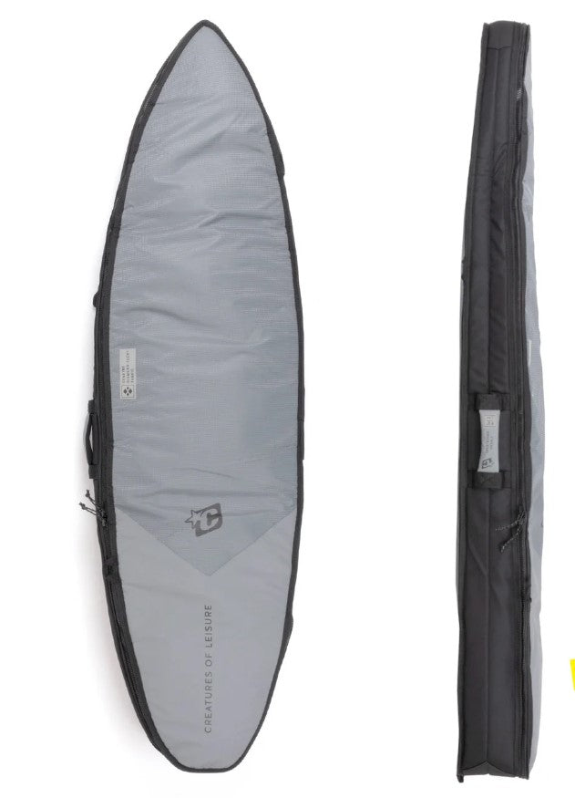 Creatures of Leisure 6'7" DT 2.0 Double Surfboard Travel Bag in titanium showing top and side views