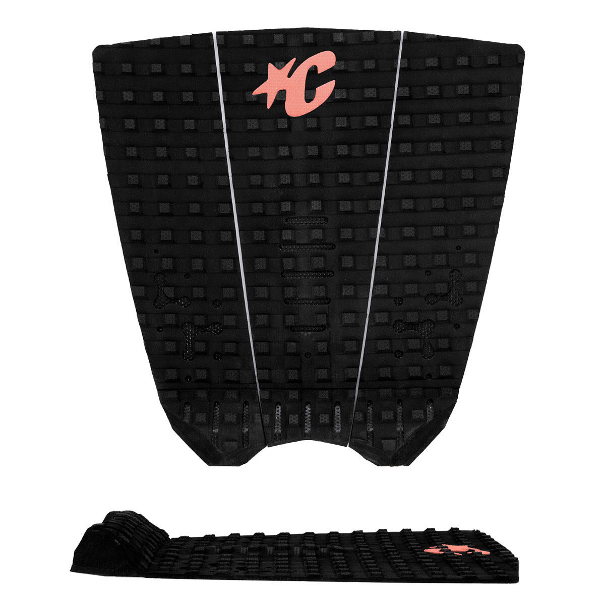 Creatures of Leisure Mick Fanning Loc-Lite Surfboard Grip in black with flouro red showing top and side views