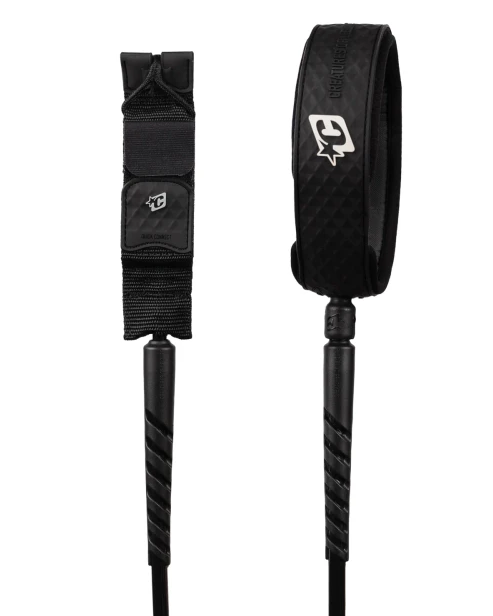 Creatures of Leisure Longboard Heavy Duty Knee Leash in black with silver colourway showing cuff and rail saver
