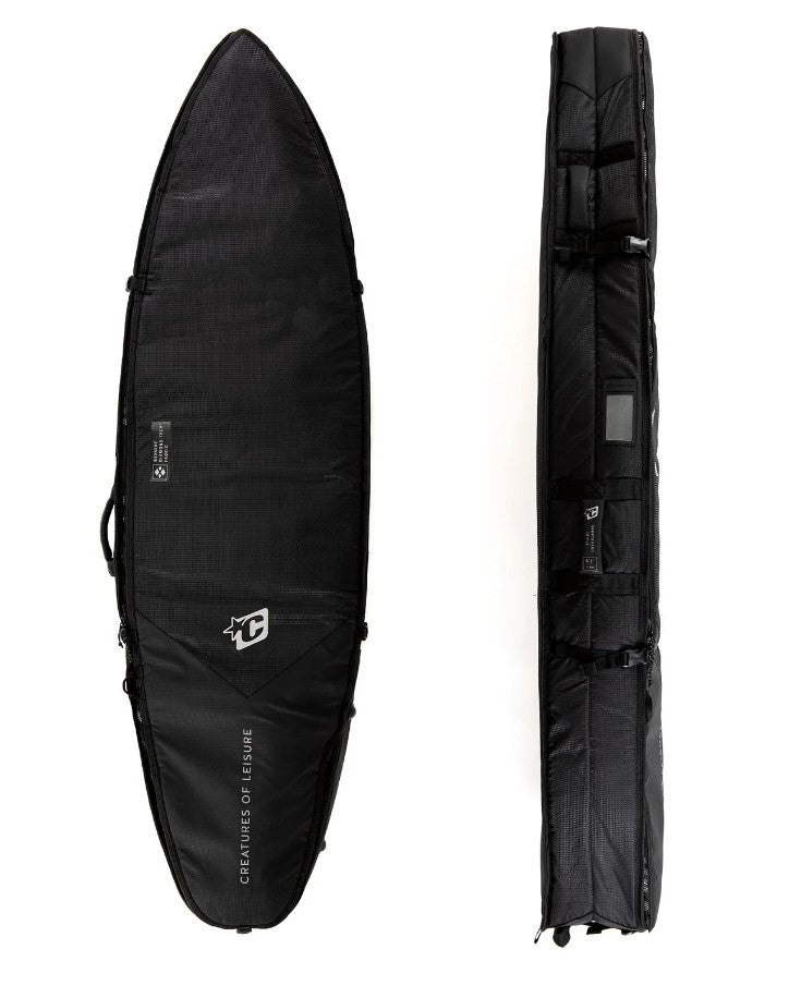 Creatures of Leisure 6'3 Shortboard Triple Boardbag in black with silver showing top and side view