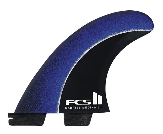 FCS II GM PC Aircore Medium Tri Surfboard Fins in black and blue