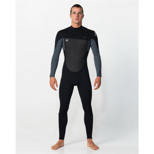 O'Neill Defender 4/3mm Mens GBS Chest Zip Wetsuit in black with graphite panels on model from front