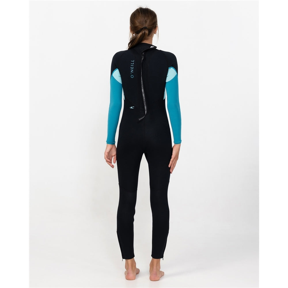 O'Neill Girls Reactor II 3/2mm Back Zip Flatlocked Wetsuit in black with bright blue arms from rear