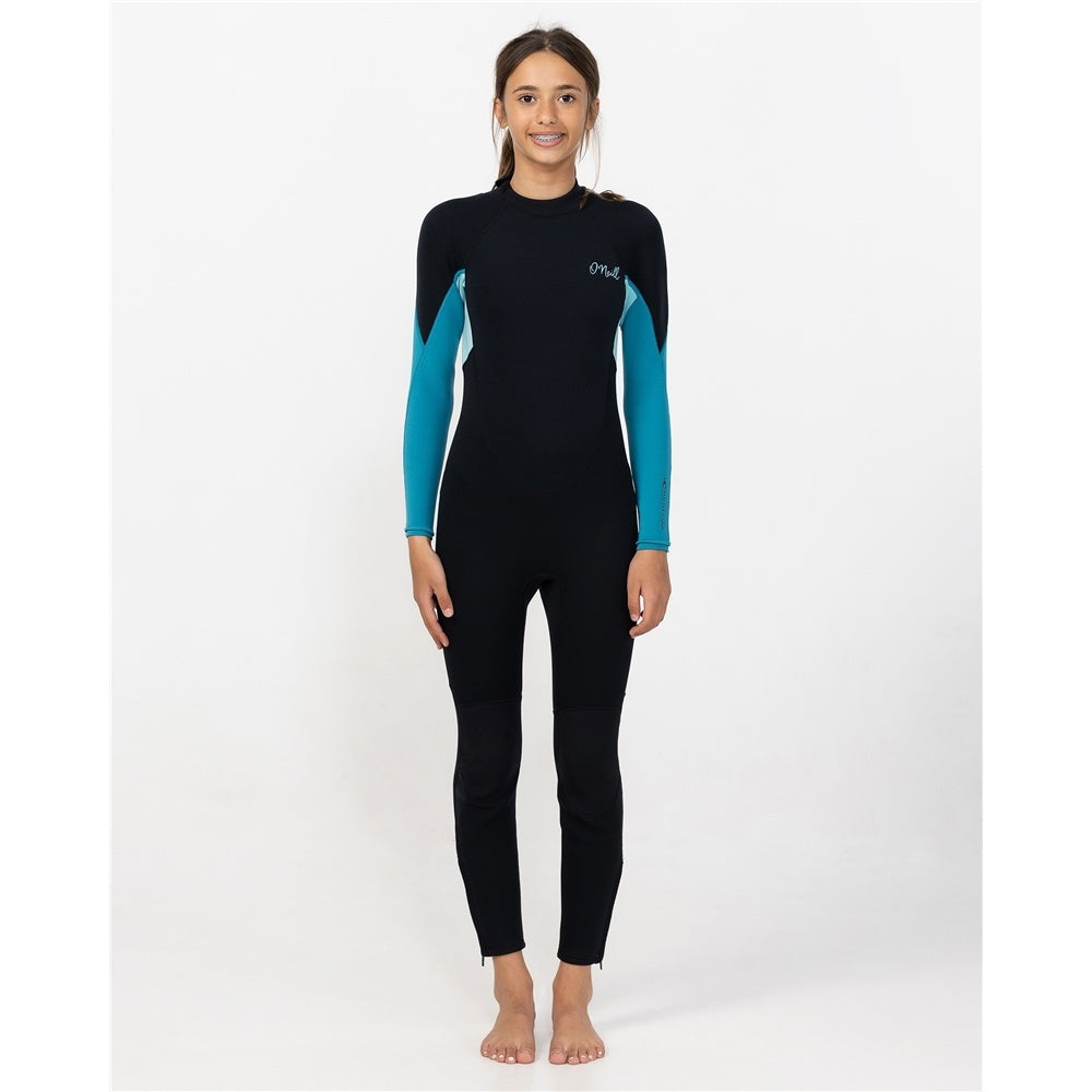 O'Neill Girls Reactor II 3/2mm Back Zip Flatlocked Wetsuit in black with bright blue arms from front