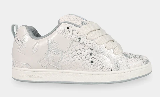 DC Shoes Women's Court Graffik Shoes in lily white, grey and silver from the side