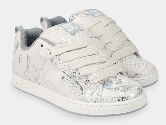 DC Shoes Women's Court Graffik Shoes in lily white, grey and silver showing a pair from the side