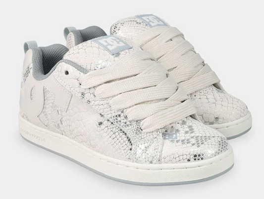 DC Shoes Women's Court Graffik Shoes in lily white, grey and silver showing a pair from the side