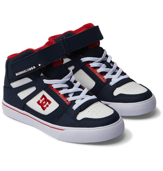 DC Shoes Kids Pure High Top EV in dc navy and athletic red colourway