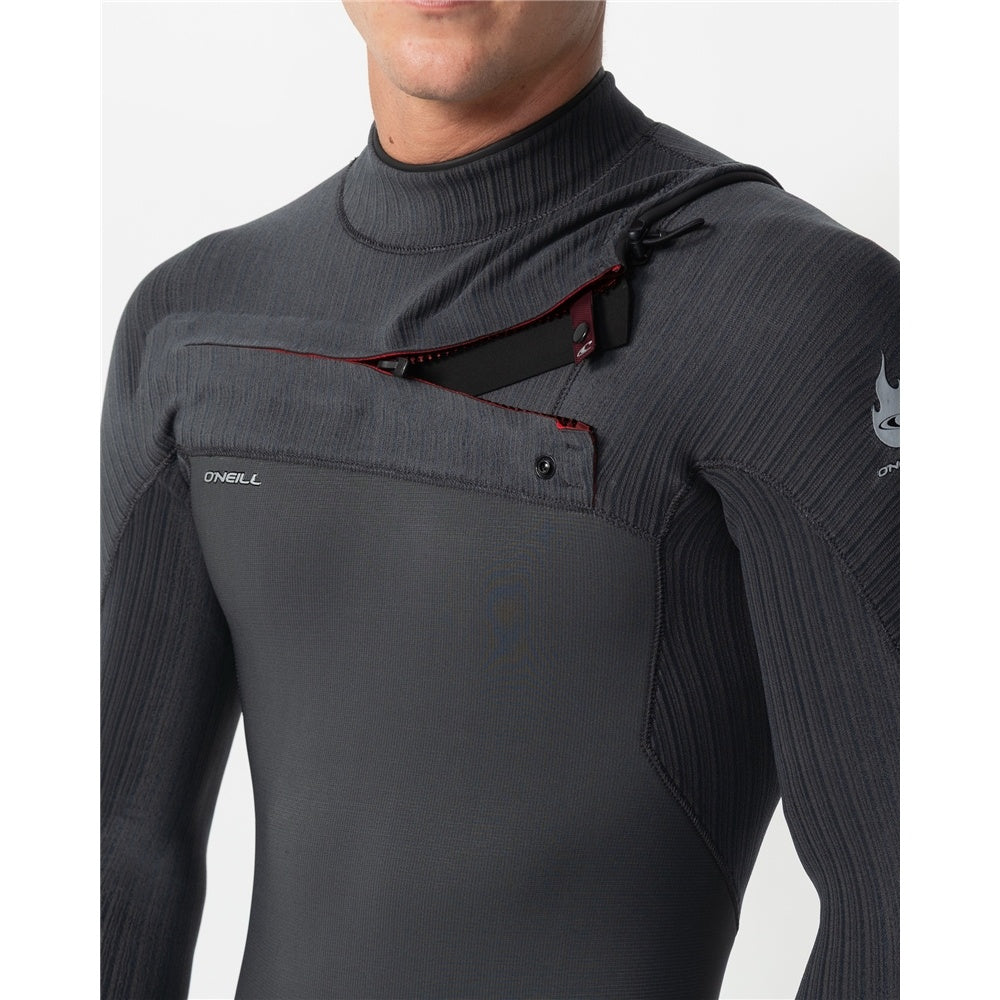 O'Neill Hyperfire 3/2mm GBS Men's Chest Zip Wetsuit in steel grey colourwayon model from front showing close up view of chest zip