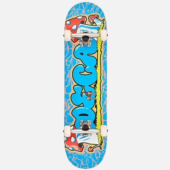Deca Fun Guy 8.25" Complete Skateboard in teal with multi colour including mushroom graphics