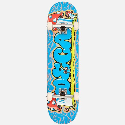 Deca Fun Guy 8.25" Complete Skateboard in teal with multi colour including mushroom graphics