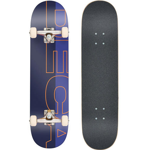 Deca Wordmark 8.375" Complete Skateboard in navy colourway showing bottom of board and griptape covered deck