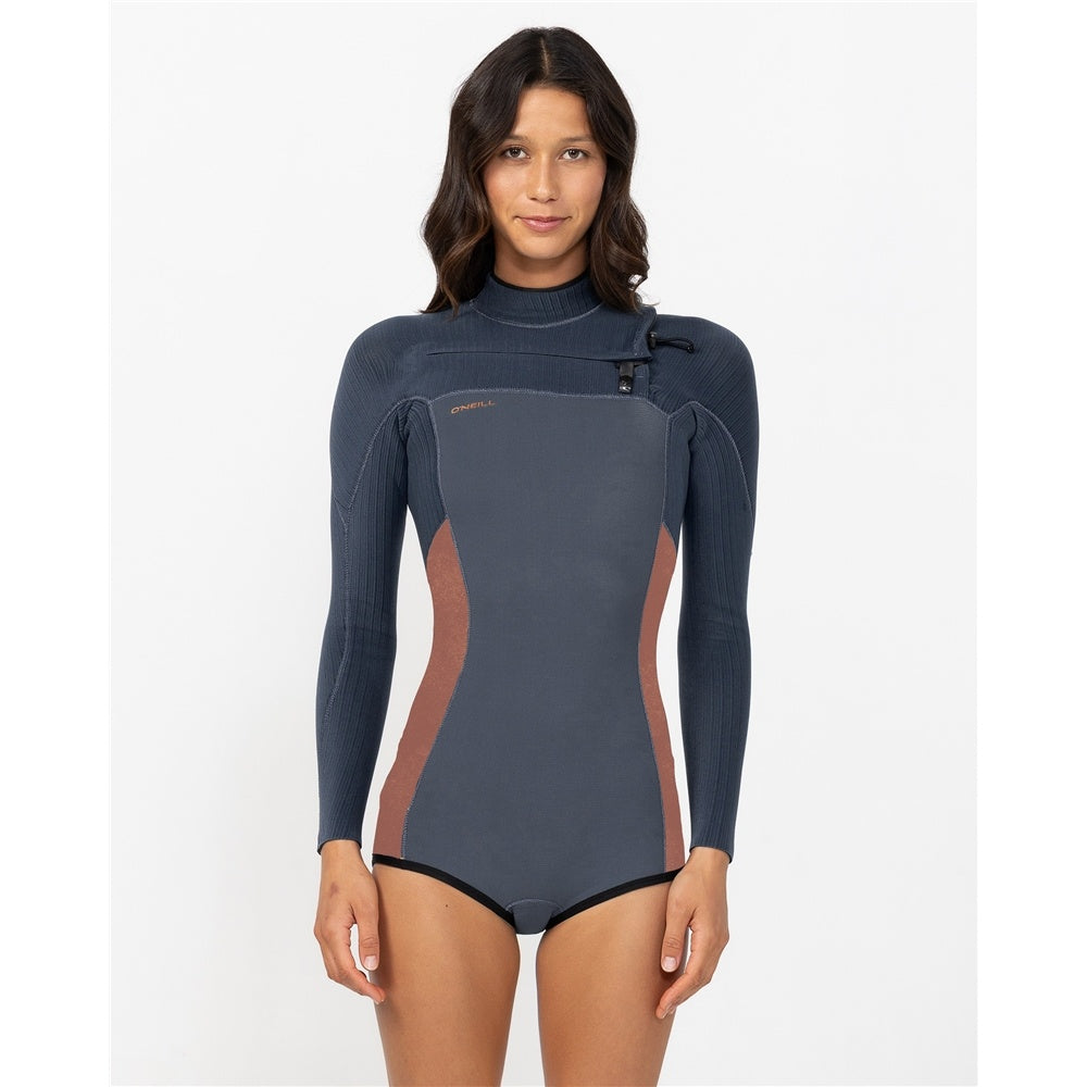O'Neill Hyperfreak 2mm Long Sleeve Women's Wetsuit in warm stone colourway on model from the front close up