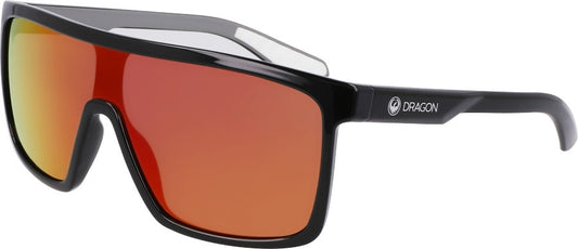 Pair of Dragon Momentum Black Grey frames with Red Ion Polarised Luma Lens Sunglasses