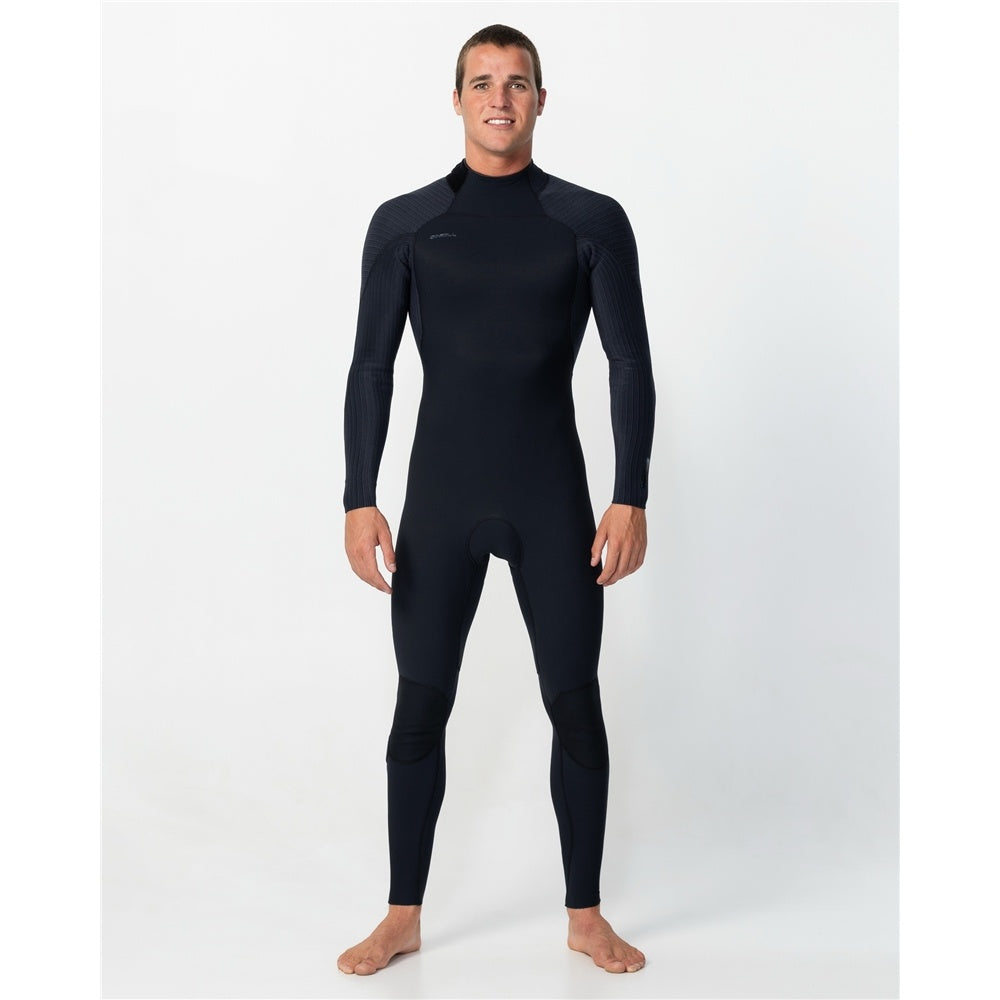 O'Neill Hyperfreak 4/3+mm Back Zip Wetsuit in black black colourway on model from front on