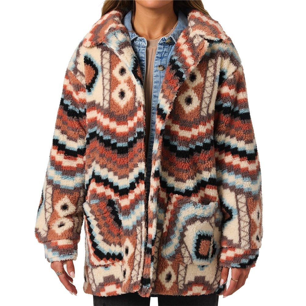 O'Neill Huxlee Printed High Pile Women's Jacket in multi colour on model from front close up