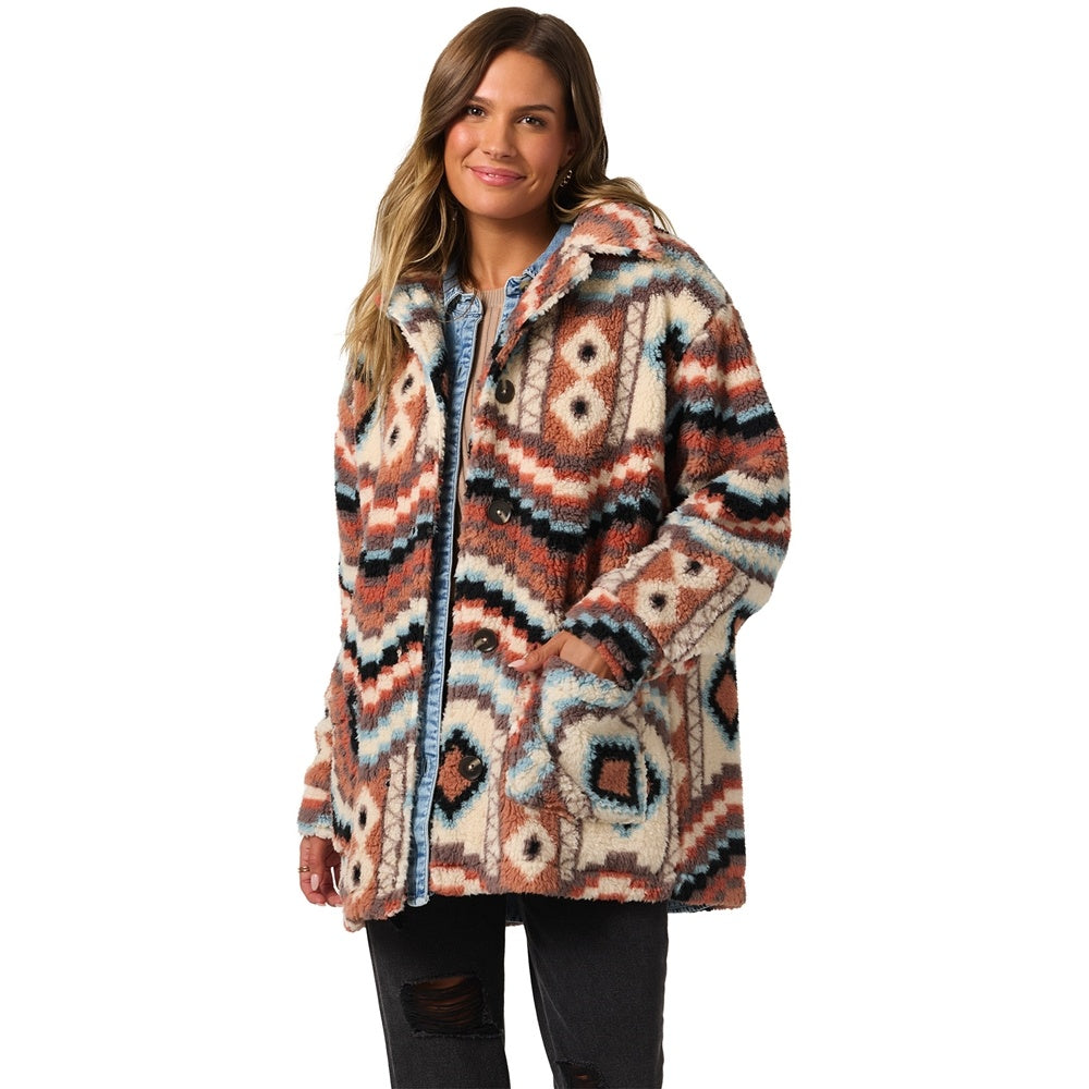 O'Neill Huxlee Printed High Pile Women's Jacket in multi colour on model from front