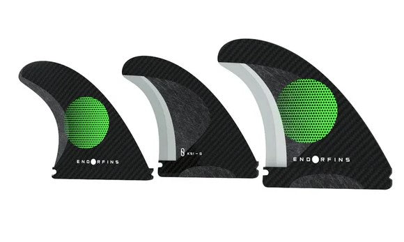 Endorfins KS1 Single Tab (Futures Base) Small Fin Set in black and green showing three fins