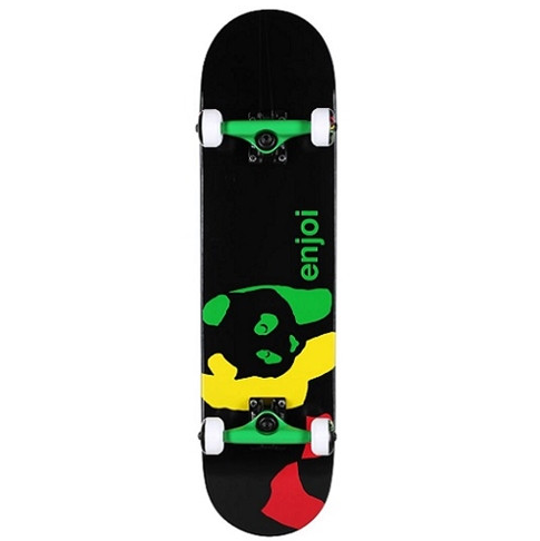 Enjoi Rasta Panda 7.75" Complete Skateboard in black with rasta coloured graphics