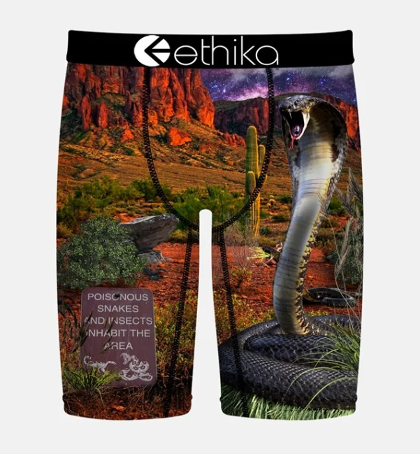 Ethika All Bite No Bark Staple Boys Boxers showing cobra snake in outdoors 