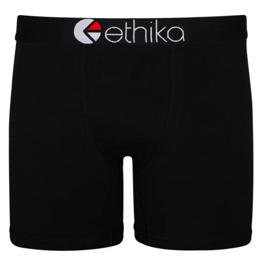 Ethika Blackout Mens Mid Boxers in black from the front with ethika branded waistband