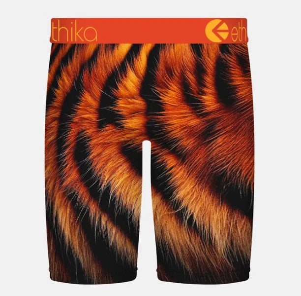 Ethika Boys Bomber Furbe Staple Underwear in orange tiger fur pattern  from rear