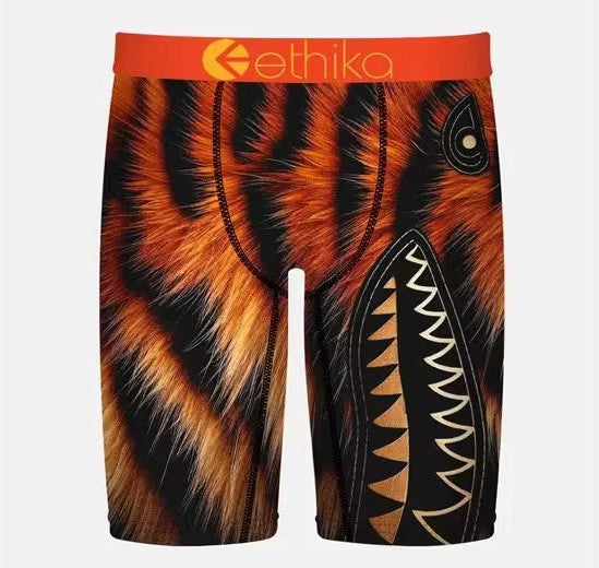 Ethika Boys Bomber Furbe Staple Underwear in orange tiger fur pattern with bomber front from front
