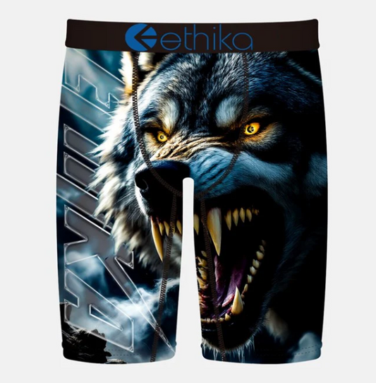 Ethika Boys Grit & Glory Staple Boxers with a wild, angry wold face on the front
